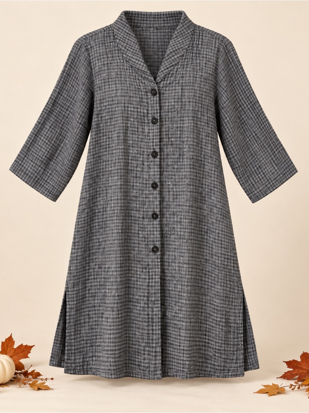 Flax 100% Linen Gray Checked Button-Front Tunic/Duster